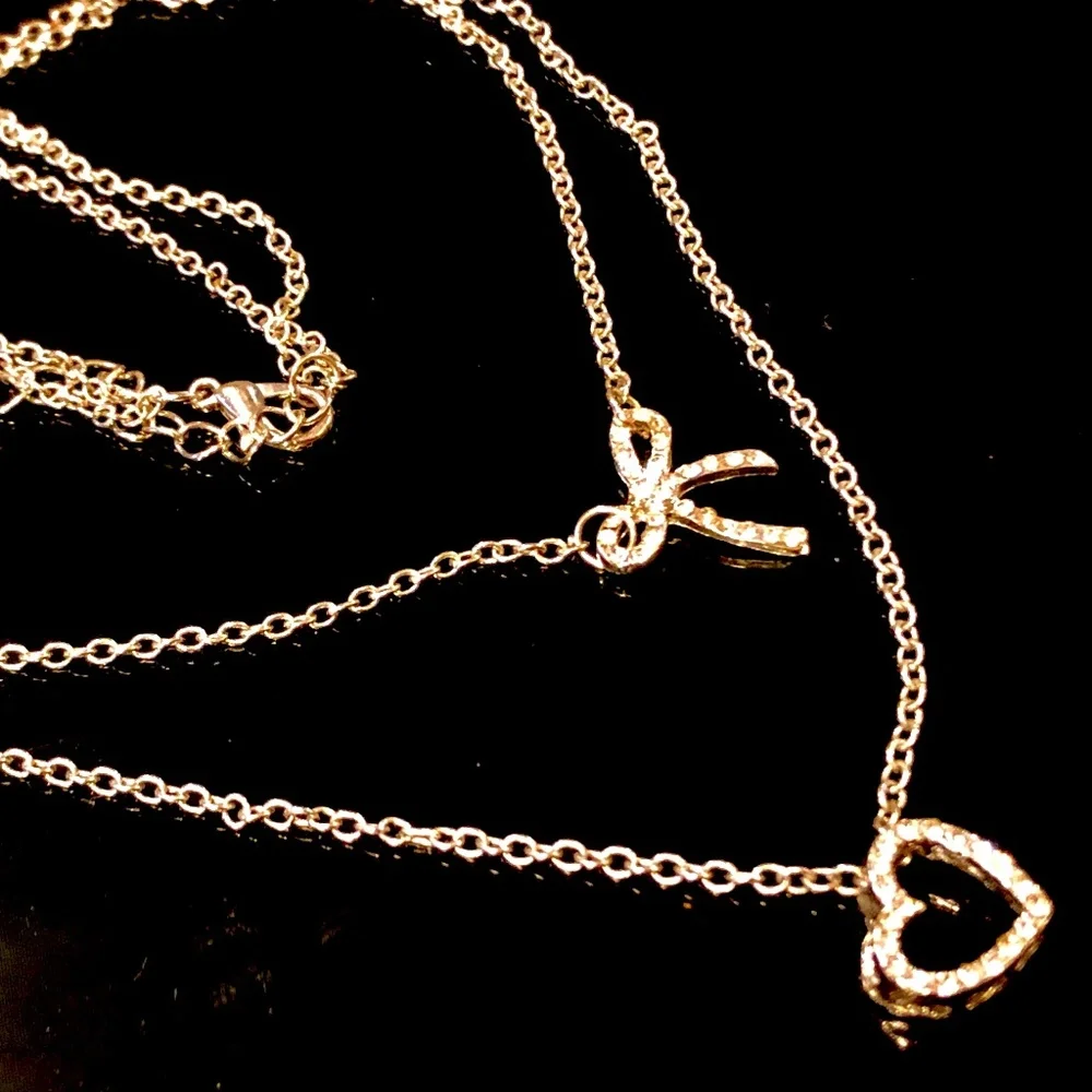 3/$32 Silver Tone Double Layered Rhinestone Heart & Bow Tie Dainty Necklace - Picture 2 of 8